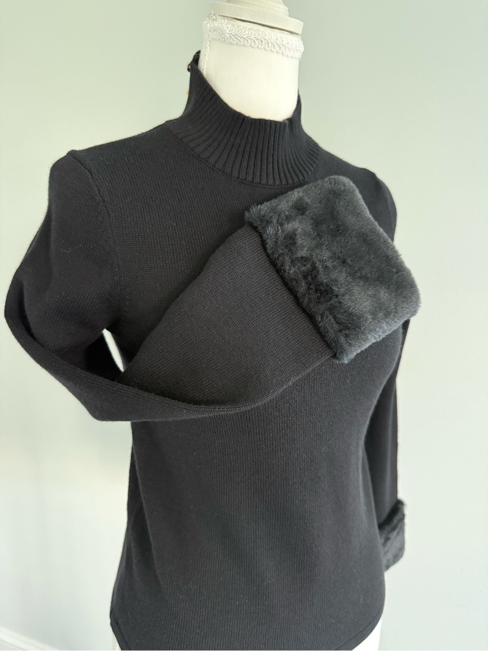 Janie and Jack Black Ribbed Mock Neck Sweater with Faux Fur Cuffs - Picture 5 of 8
